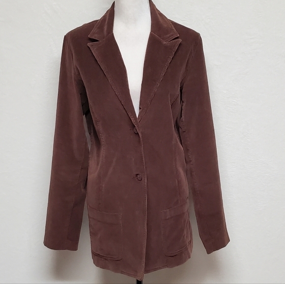 Vintage 90s SJB Brown Corduroy Long Hem Notched Collar Plunging Neckline Blazer - Picture 4 of 12
